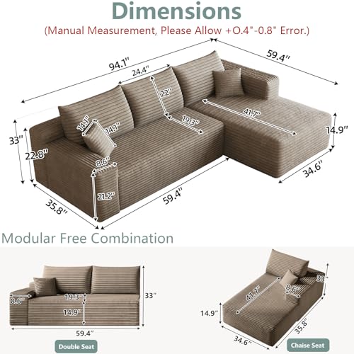 Image of 95 inch Modular Sectional Sofa, Modern Corduroy Cloud Couch with Side Pockets, Boneless Couch Upholstered 3-Seater L-Shaped Sofa for Living Room, No Assembly Required (Camel,Right-Facing Chaise)