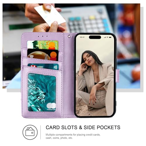 Ateeky iPhone 15 Pro Max Wallet Case,[RFID Blocking] 3 Card Holder Stand with Credit Card Slot PU Leather Magnetic Protective Flip Cover for iPhone 15 Pro Max (Light Purple)