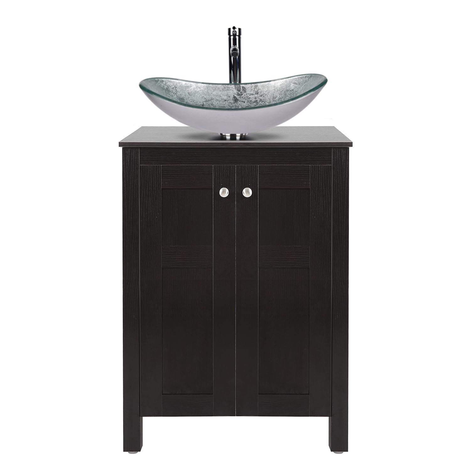 ARTETHYS 24 inch Bathroom Vanity Set Combo Brown MDF Sink Cabinet Vanities with Silver Counter Top Glass Vessel Bowl and 1.5 GPM Faucet