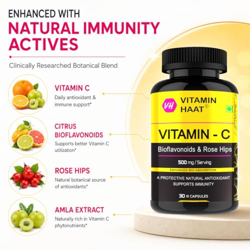 Image of Vitamin C Supplement 500mg Capsules with Citrus Bioflavonoids & Rose Hips, Amla | Immune Support, Antioxidant Protection & Collagen Formation | Natural Vitamin C for Men & Women | 30 Capsules by VitaminHaat