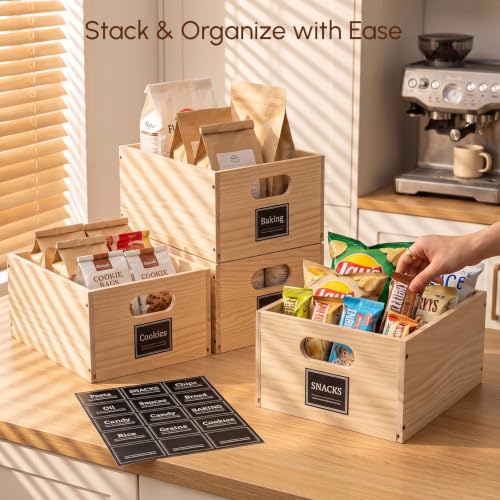 3 Pack Pantry Organizer Baskets, Wooden Crates with Built-in Handles, 8.5 x 11.5in Stackable Pantry Storage Bins, Wooden Storage Box for Pantry Cabinet Organization - image 7