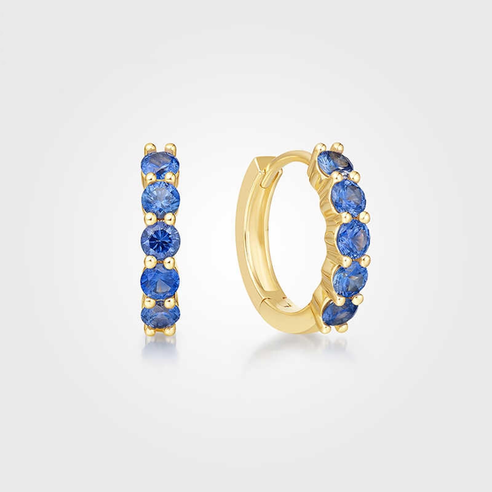 KnSam Prawdziwe złoto 9K/14K/18K żółte złoto Creole Hoop, 0,75 ct szafir kolczyki damskie vintage klasyczne szlif okrągły niebieski, damskie kolczyki na sztyfcie małe złoto Au750/ 585/375