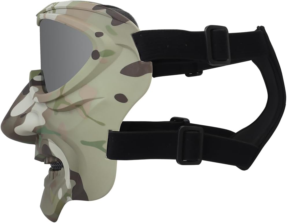 Airsoft Mask, Full Face Skull Mask Skeleton with Gray Lens, Adjustable Spooky Mask Tactical Mask for Halloween Role-Playing Outdoor Activitie