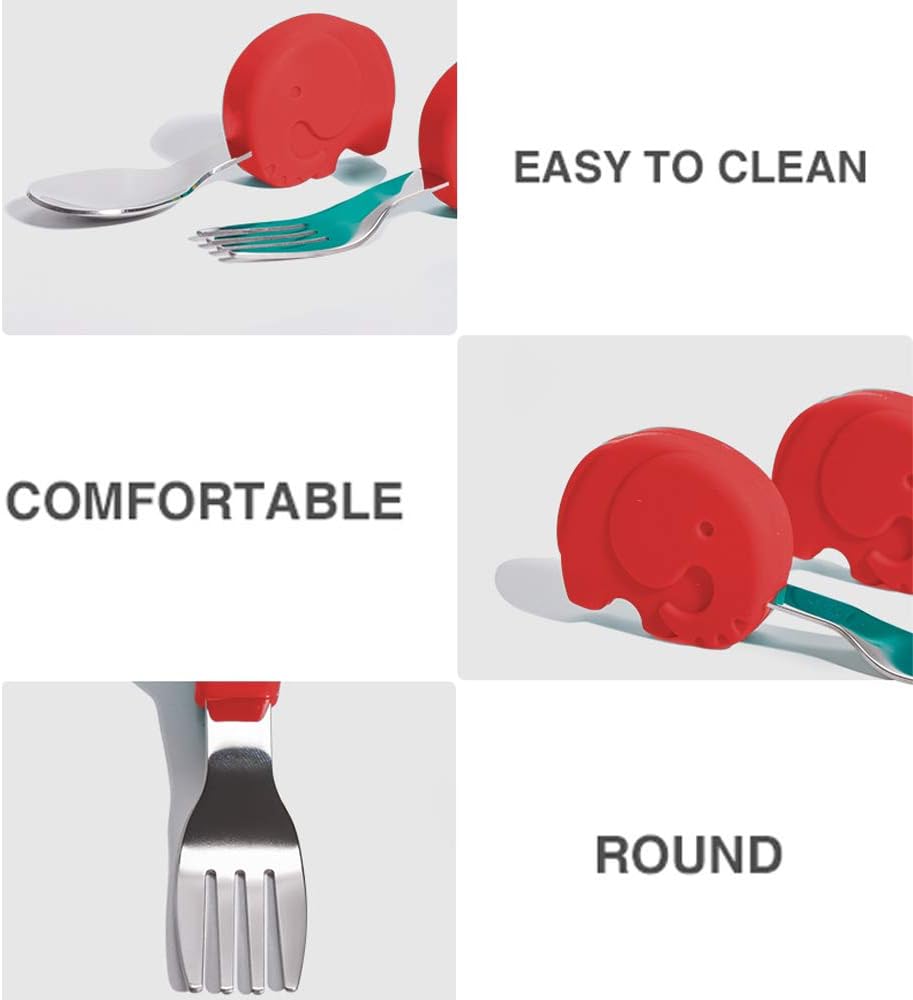 ASDSH ベビー用 スプーンとフォーク ベビー用食器 ステンレス カトラリーセット 赤ちゃん 子供 初めての離乳食用具 食事用 離乳食訓練 出産祝い プレゼント 誕生日 贈り物 収納ボックス付き 赤い象