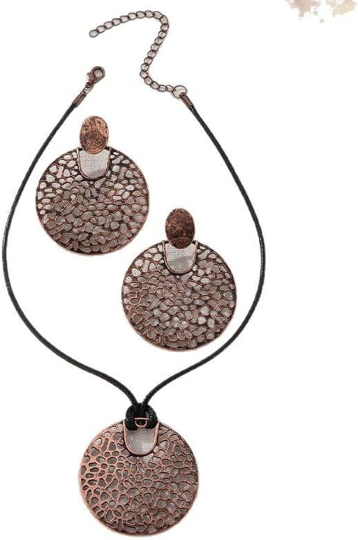 Necklace And Earring Sets For Women, Circular Hollow Metal Pendant Vintage Necklaces With Long Chain Bohemian Style Jewelry Gift (Bronze-circle) - Image 3