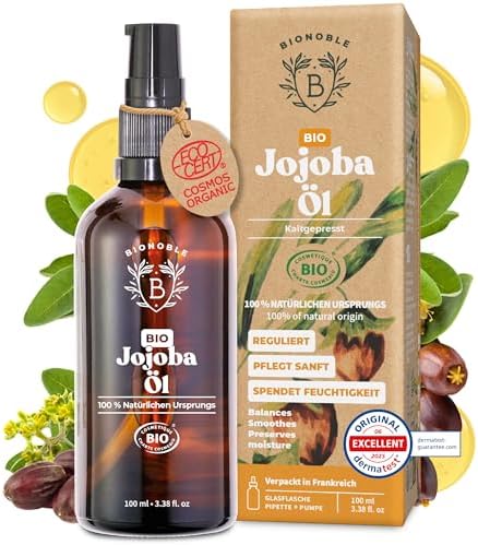 BIONOBLE Jojobaöl Bio Kaltgepresst 100% Rein - Reguliert Sebum, Pflegt Sanft, Anti-Pickel - Jojobaöl Haare, Gesicht, Körper, Nägel - Hexanfrei, Vegan Jojoba Oil - Glasflasche, Pipette, Pumpe - 100ml
