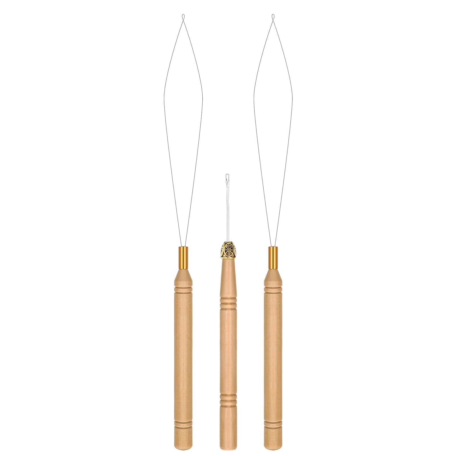 Oruola 3Pcs Hair Tinsel Tool, Bead Threader with Wooden Handle, Hair Extension Loop Tool and Hair Crochet Hook for Silicone Link Rings Beads and Hairs or Feather Extensions