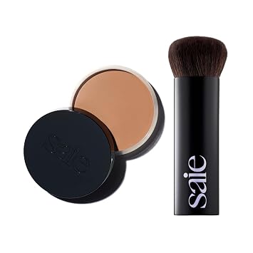Saie Sun Melt Duo - The Big Brush - Soft, Multi-Use Liquid + Cream Makeup Brush With Synthetic Bristles Bundled With Sun Melt Bronzer in Light Bronze - Buildable Cream Contour, Velvet Finish 1 oz