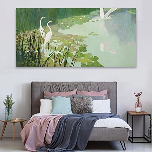 Summer Heron Painting Pond Egret Wall Art Nature Animals Birds Wall Art Canvas Art Poster Wall Art Picture Print Modern Family Bedroom Decor 24X48Inch(60X120Cm) Frame-Style #TOP4