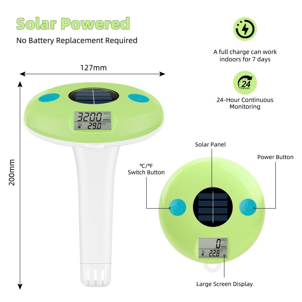 Tester solare galleggiante e termometro per piscina, misuratore di salinità digitale 0-9990 ppm, misuratore di temperatura dell'acqua 0-50 °C, visualizzazione continua senza cambio della
