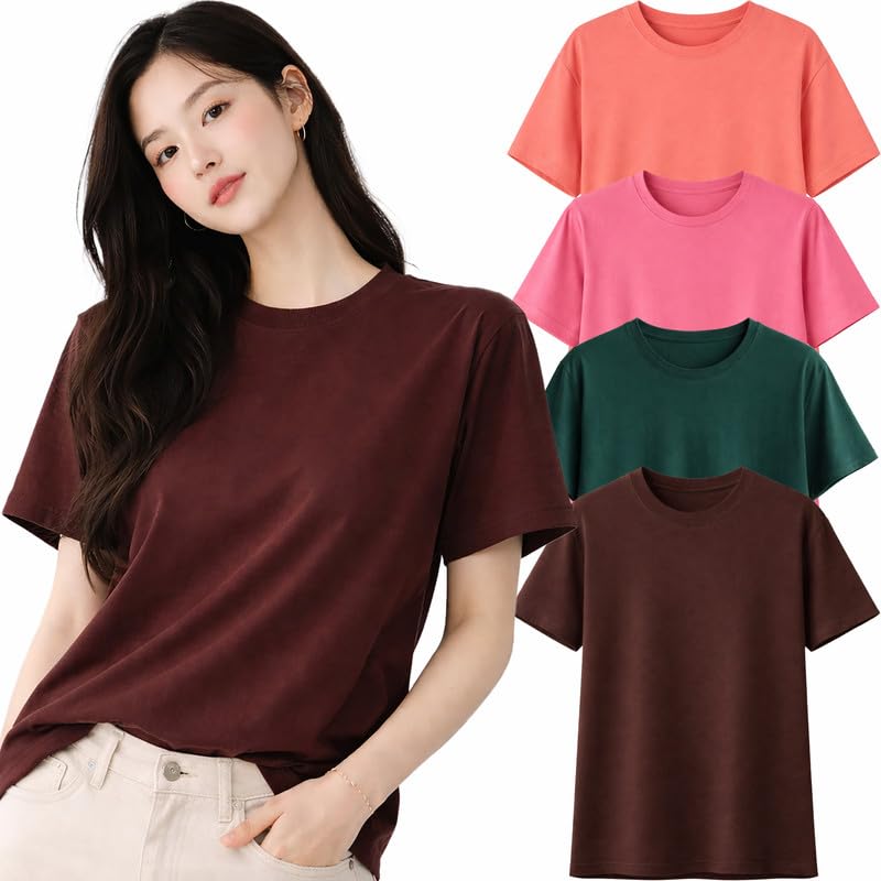 Image of London Hills Tshirt for Woman | T Shirt for Woman Cotton Casual Tops | Tshirts Shirts for Women Round Neck Short Sleeve | Women Tees Everyday Wear Basic T Shirts for Womans (Pack of 4)