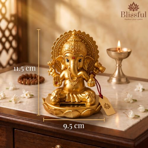Image of Blissful Solar Moving Lord Ganesha Idol Statue Ganpati Murti for Car GoodLuck Office Home Decorative Showpiece - 11 cm (Plastic, Crystal, Gold)