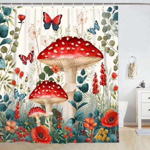 Image of Boho Mushroom Shower Curtain, Floral Woodland Farmhouse Cottagecore Aesthetic Sage Green Eucalyptus Shower Curtain Set, Fairy Witchy Plant Botanical Flower Fabric Bathroom Curatin with Hooks 72X72