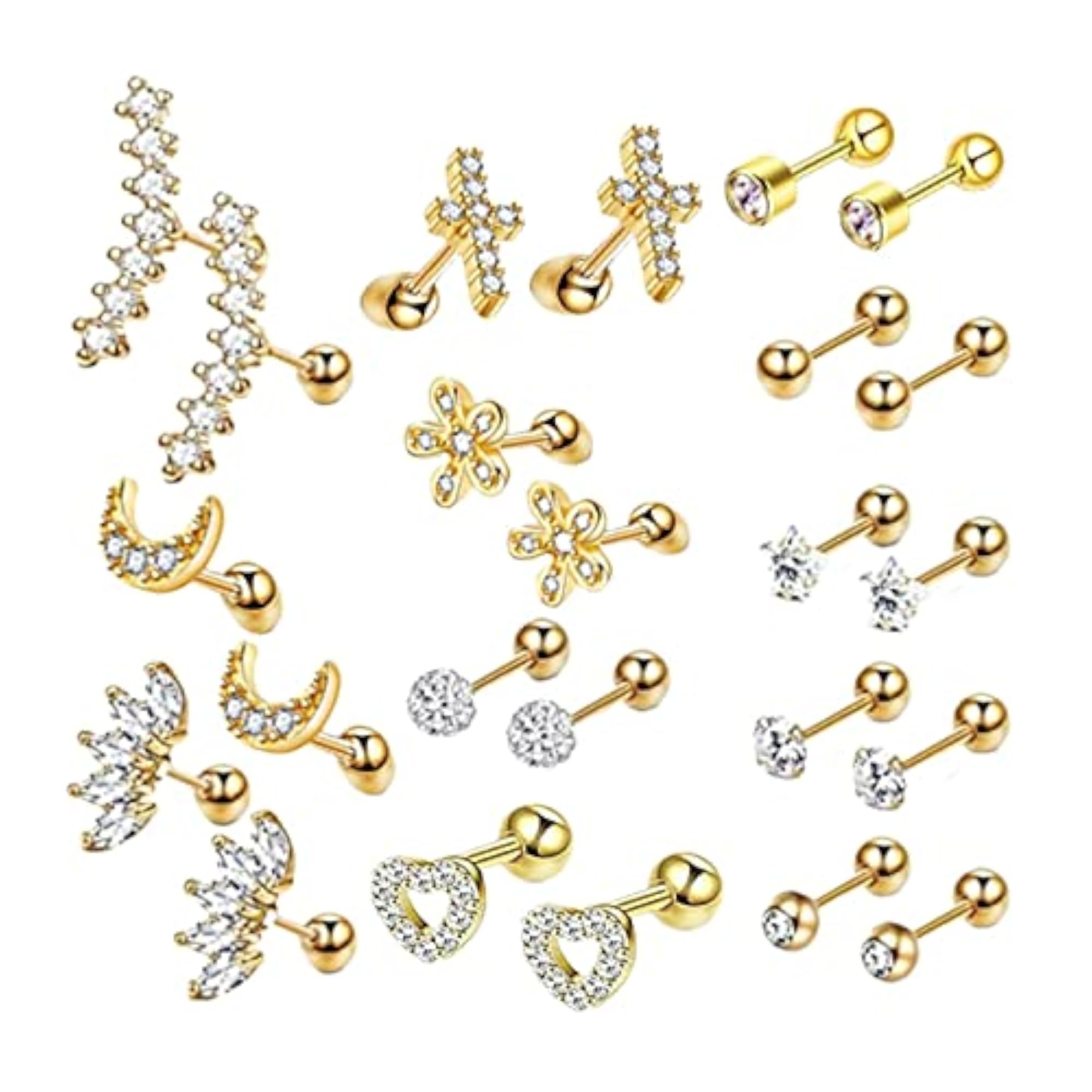 24pc Gold Stud Earrings Set for Men & Women, Flatback
