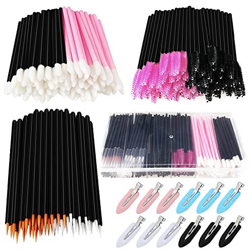 313 Pcs Disposable Makeup Applicators Tools Kit,100 Disposable Eyeliner Brushes 100 Mascara Wands Eyelash Brush 100 Lipstick Applicators Lip Wands 12 Makeup Hair Clips and Plastic Organizer Box