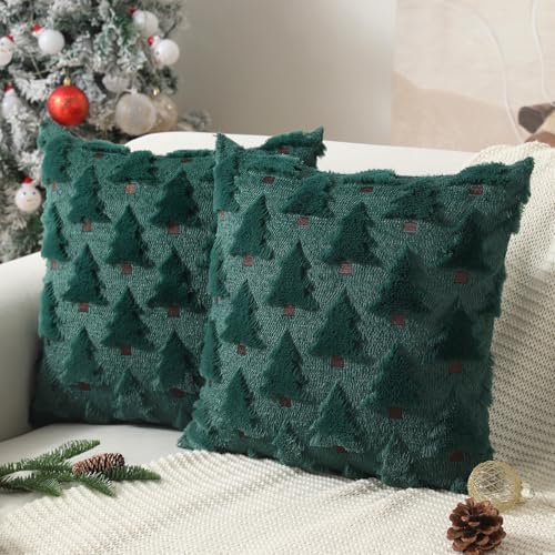 Image of Allorry Christmas Pillow Covers 16x16 inch Set of 2 Christmas Decorations Soft Plush Faux Fur Wool Green Christmas Tree Throw Pillow Cases Winter Holiday Decor for Sofa Living Room PT-002A16