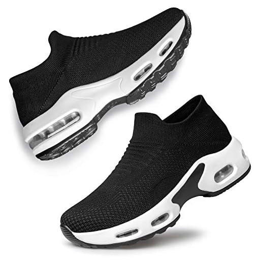 YHOON Tênis feminino de caminhada sem cadarço – Meias femininas de enfermagem para trabalho com almofada de ar de malha casual para corrida, Preto, branco, 39