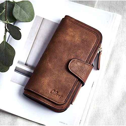 Image of Wallet for Women Leather Designer Bifold Long Ladies Credit Card Holder Organizer Ladies Clutch Brown