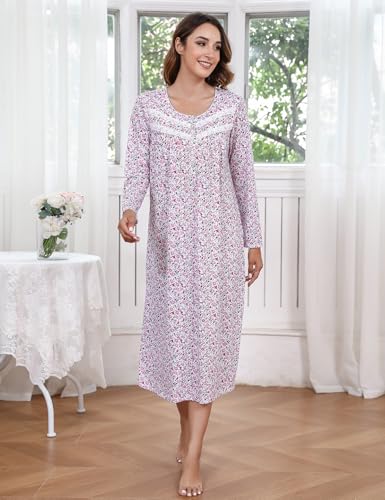 Image of IZZY + TOBY Nightgowns for Women Long Sleeve Soft Cotton Long Warm Nightdress Kintted Night Gown