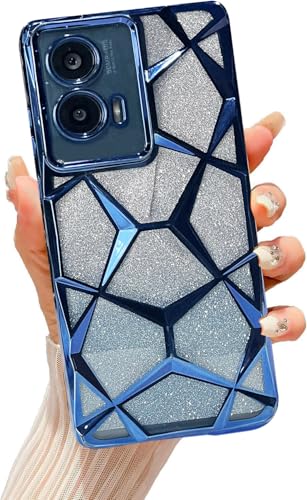 Image of VONZEE Gradient Glitter Case for Moto Edge 50 Fusion /Moto G96, Luxury Electroplated 3D Cube, Diamond Bling Shiny Soft TPU Clear Shockproof Case Women Girls Protective Phone Cover (Blue)