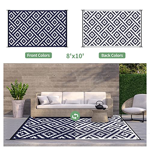 Image of GENIMO Outdoor Rug, Waterproof Plastic Rugs for Patio, 8'x10' Blue White | Outside Larger Modern Carpet Mat for Porch Decor, Deck, Balcony, Camping, RV, Backyard, Picnic, Beach, Reversible, Foldable