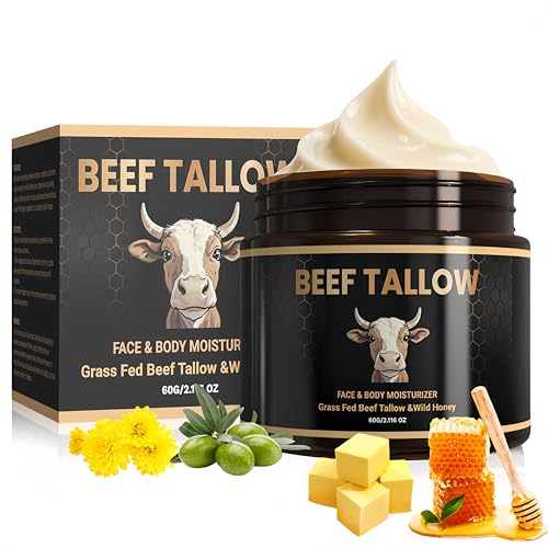 Beef Tallow for Skin, Grass-Fed Beef Tallow and Honey Balm with Olive Oil, Whipped Face Moisturizer Cream for Body, Natural Formula for Dry & Sensitive Skin, Light Scent (2.11 oz, Unscented)