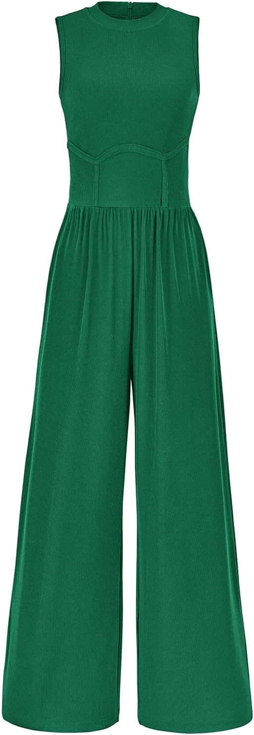 PRETTYGARDEN Womens Summer Jumpsuits Dressy Casual One Piece Outfits Sleeveless Crew Neck Wide Leg Pants Rompers with Pockets Medium Green