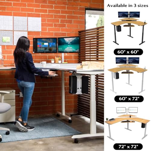 Image of VERSADESK 60 inch x 60 inch Electric L-Shaped Corner Standing Desk, Commercial Grade Height Adjustable Sit Stand Workstation, Ergonomic Computer Desk for Home Office, White Frame, Maple Surface
