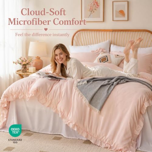 Image of JANZAA Blush Pink Comforter Set King - Soft Microfiber, Lightweight All Season Bedding, Ruffle Shabby Chic Aesthetic, Breathable Cozy Bed Set with 2 Pillow Shams, Machine Washable