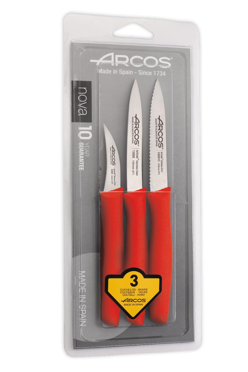 Arcos 3 Pieces Paring Knife Set. 3 Peeling Knives of Stainless Steel and Ergonomic Polypropylene Handle for Cutting Fruits, Vegetables and Tubers. Series Nova. Color Red