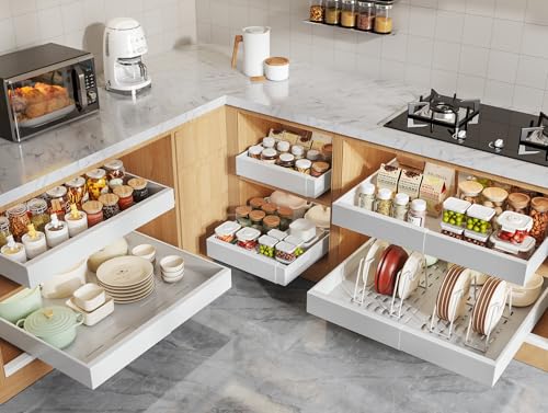 Image of Seinloes 6 Pack Pull Out Cabinet Organizers 21" Deep With Raising Pad for Framed Cabinets, Expandable Slide Out Drawers with 4pcs Divider Racks, Roll Out Shelves, Adjustable Width 12"-20.45" White