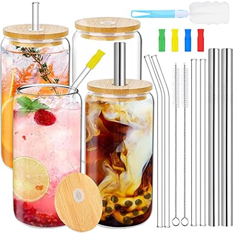 Trinkgläser mit Bambus Deckel und Strohhalmen, 500ml/16Oz Bubble Tea Becher Eiskaffee Gläser Cover