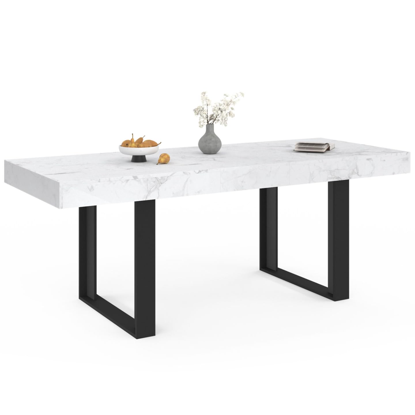 IDMarket Phoenix - Mesa de comedor extensible rectangular para 4-8 personas, bandeja de efecto mármol, blanco Alaska 160-200 cm