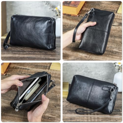 Image of Top Grain Genuine Leather Clutch Wallet with Wristlet for Man & Woman, Handmade Simple Retro Vintage Design, Multi Pockets & Card Slots, RFID Large Capacity for Cards /ID /Checks /Banknote /Phone, Black