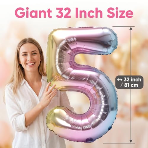 Image of YPSelected 32 Inch Large Foil Helium Number Balloon Birthday Wedding Party 0-9 (Rainbow, 5)