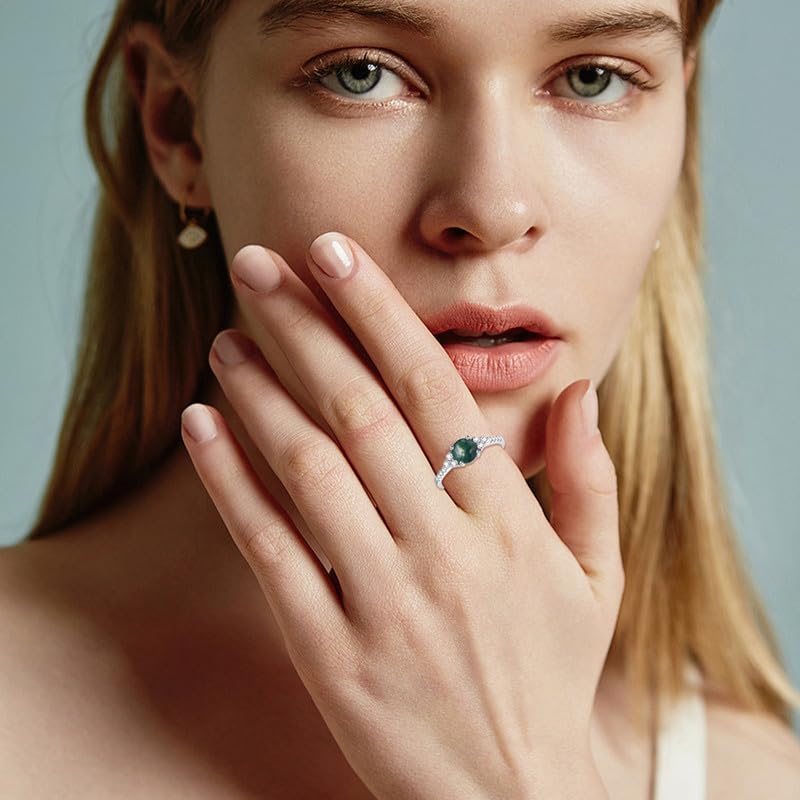 Aihpos Natural Moss Agate Rings for Women - 1.0 Carat Round Cut Moss Agate Engagement Ring 925 Sterling Silver Green Moss Agate Rings2