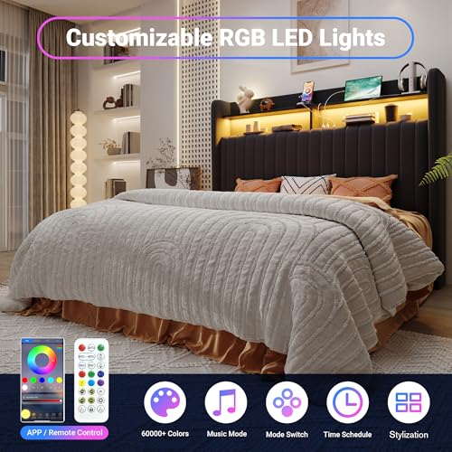 Image of Allewie Full Size Lift Up Storage LED Bed Frame, Charging Station, Black