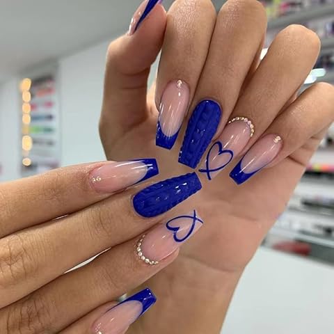 24pcs French Tip Dark Blue False Nails Cover