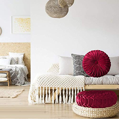 Bprtcra runde Samt-Kissen, plissiert, rundes Kissen, plissiert, gepolstert, Velours, handgefertigt für Haus, Sofa, Stuhl, Bett, Auto, 35 cm (Rot)