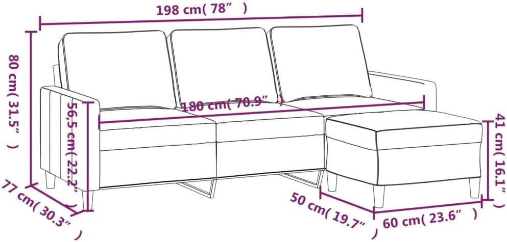 Diagram showing dimensions of the vidaXL 3-Seater Sofa and Footrest