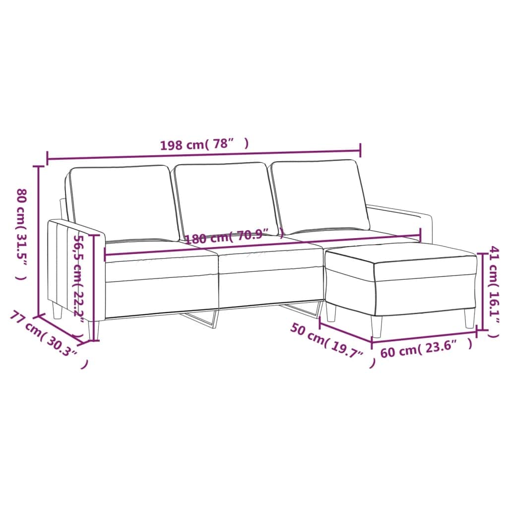 vidaXL Sofá de 3 plazas con Taburete de Terciopelo Gris Claro 180 cm