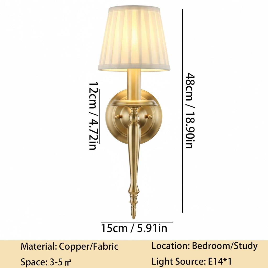 Applique da parete in ottone H65, lampada classica moderna E27/E14, apparecchio decorativo con vetro smerigliato o paralume in tessuto pieghettato for camera letto(15Cm/5.91In)