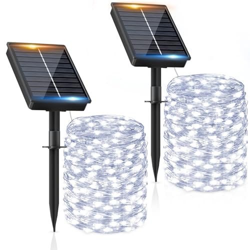 Lumières solaires extérieures【2 paquets】16+2M 160LED Lumières solaires de jardin IP65 étanches blanc froid 8 modes chaîne Luc solaire extérieur...