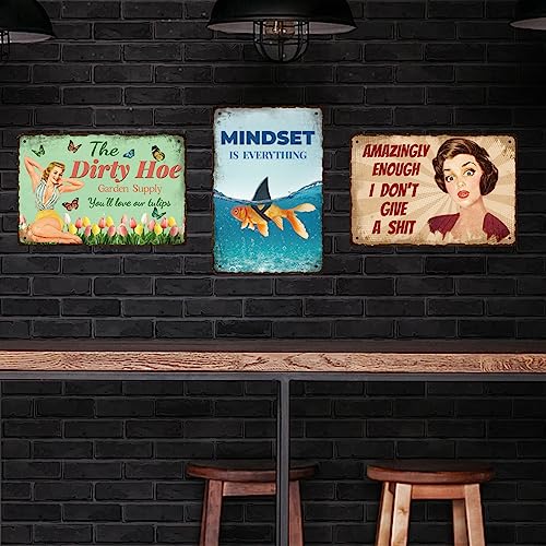 GLOBLELAND Goldfisch-Hai-Vintage-Metall-Blechschild Kunstplakette Poster Retro „Mindset Is Everything“ Metallwand-Dekorative Blechschilder 12x8inch Für Zuhause Küche Bar Café Club Sommer Dekoration