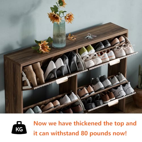 Image of Shoe Cabinet Storage,Modern Freestanding Organizer with 4 Flip Drawers,Narrow Shoe Rack Cabinet for Entryway,Walnut