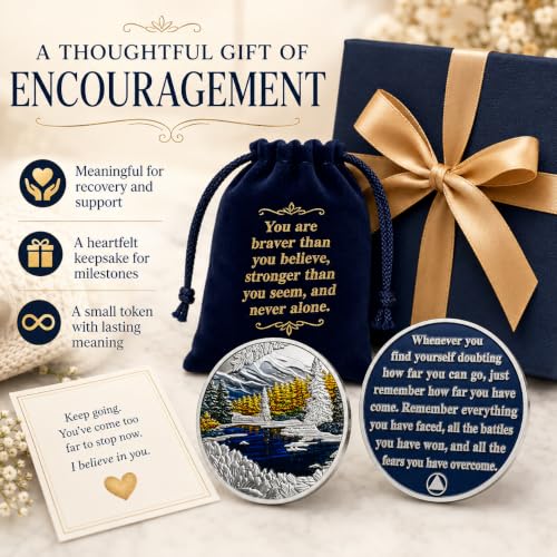 Image of Imasoner Inspirational Sobriety Coin Mountain Lake AA Recovery Medallion | Motivational Message Remember How Far You Have Come Recovery Token, Sponsor Sponsee Sober Milestone Gift for Women and Men