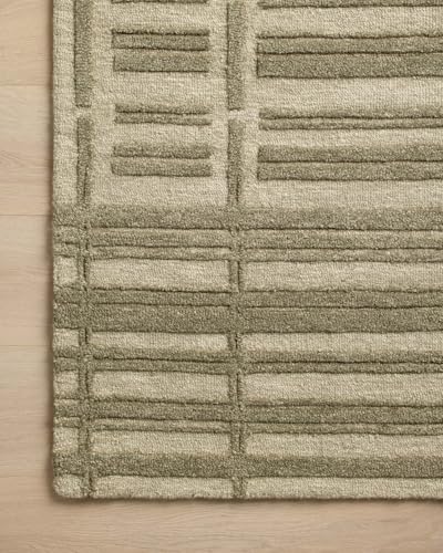 Image of Modern (High Low Pile) Pattern Wool Carpet with Loop Texture Yarn Anti Shedding Carpet Size 5x8 Feet B0 Olive Green Color