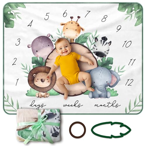 Image of Baby Milestone Blanket – 40” x 50” Soft Animal-Themed Monthly Growth Tracker – Includes 2 Custom Date Markers – Elephant, Lion, Zebra, Giraffe & Hippo Design – White with Green Border