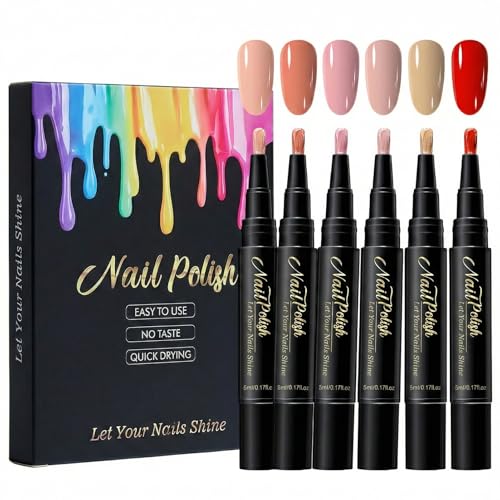 NovaCharm Water Based Nail Polish Pen Set 6 Colors Quick Dry Nail Art Pens Non Toxic Eco Friendly Air Dry Nail Paint No UV Lamp Needed Easy Control Brush Tip for DIY Manicure at Home 5ML Each