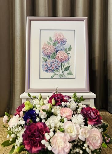 Image of RIOLIS - Graceful Hydrangeas 2139, Cross Stitch Kits 8 inch x 11 inch, Cross Stitch Kits for Adults, Floral Counted Cross Stitch Kits, Embroidery Kit for Beginners & Advanced, Crossstitching Kits